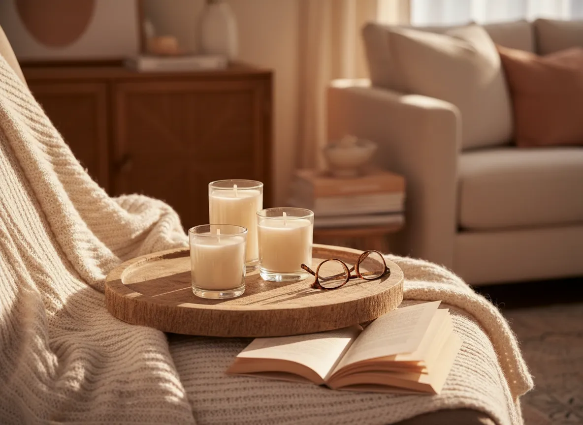 Trio of cozy candles on a tray